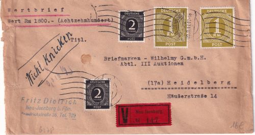 All.Bes. - 2x1 RM u.a. Wertbrief (1.500 RM) Neu Isenburg - Heidelberg 1947