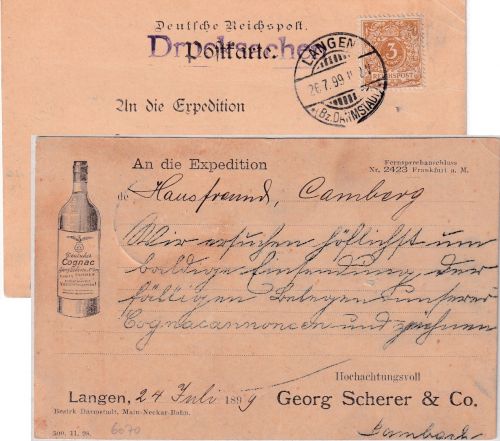 DR - 3 Pfg. Krone/Adler illustr. Werbedrucksachenkarte Langen - Camberg 1899