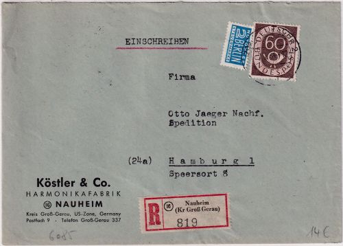 BRD - 60 Pfg. Posthorn Einschreibebrief Naukeim (Kr. Groß Gerau) - Hamburg 1954
