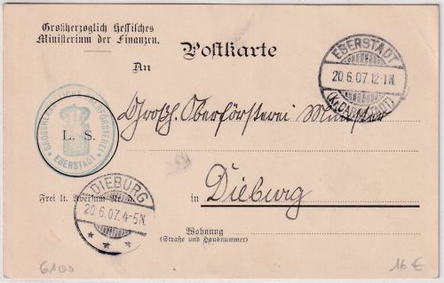 DR - Eberstadt (Kr. Darmstadt) Frei lt. Avers Nr.5 Finanzministerium Karte 1907