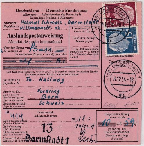 BRD - 25+15 Pfg. Heuss I Postanweisung i.d. SCHWEIZ Darmstadt - Bern 1954