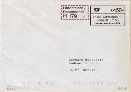 BRD - ABAS Versuch 450 Pfg. Einschreibebrief Darmstadt 11 - Berlin 1.4.96