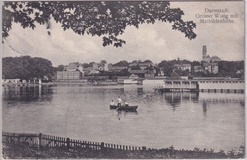 Hessen - Darmstadt Großer Woog m. Mathildenhöhe sw-AK gelaufen 1911