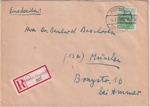 Bizone - 84 Pfg. Arbeiter/Band Einschreibebrief Jugenheim - München 5.7.48