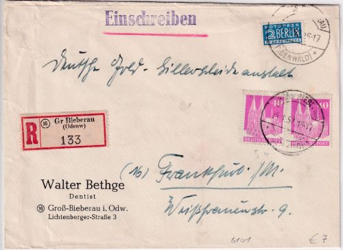 Bizone - 2x40 Pfg. Bauten Einschreibebrief Groß Biberau - FFM 1952