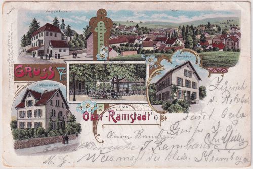 Hessen - Ober-Ramstadt Gasthaus Pfarrhaus etc. farb. Mehrbildlitho gelaufen 1900