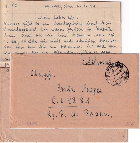 DR - Lützel-Wiebelsbach ü. Höchst (Odenw.) Poststelle I Feldpostbrief 9.5.44