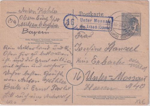 All.Bes. - (16) Unter Mossau ü. Erbach (Odenw) Landpost-Ra2 Ganzsache 1948