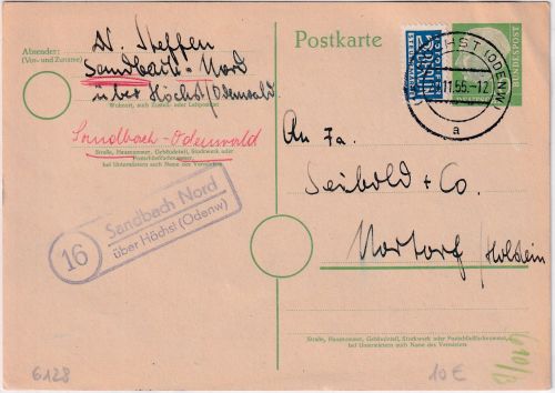 BRD - (16) Sandbach Nord ü. Höchst (Odenw) Landpost-Ra2 Ganzsache n Nortorf 1955