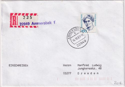 BRD - 450 Pfg. Frauen Einschreibebrief Ammersbek - Dresden 1993 R-Zettel !!