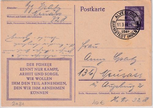 DR - Alveslohe ü. Barmstedt (Holstein) Poststelle I Ganzsache n. Neusäss 1944