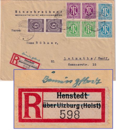 AM-Post - 2x20 Pfg. u.a. Einschreibebrief Bönningstedt 1946 Aushilfs-R-Zettel