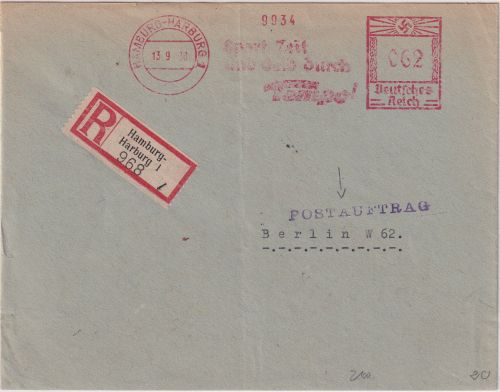 DR - Hamburg-Harburg 1938 62 Pfg. AFS "Tempo" Einschreibebrief/Postauftrag