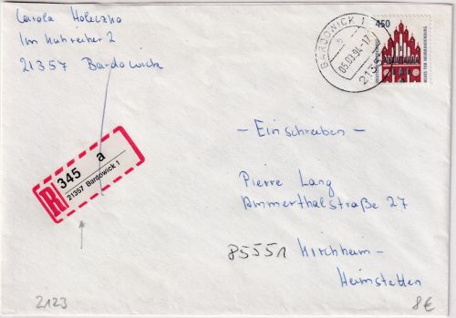 BRD - 450 Pfg. SWK Einschreibebrief Bardowick - Kirchheim 1994 Versuchslabel