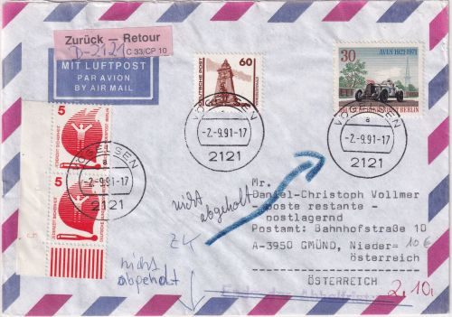 BRD/Berlin/VGO - Mischfrankatur Luftpostbrief n. ÖSTERREICH Vögelsen Gmünd 1991