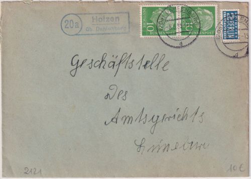 BRD - (20a) Holzen üb. Dahlenburg Landpost-Ra2 Brief n. Lüneburg 1955