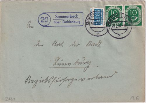 BRD - (20a) Sommerbeck ü. Dahlenburg Landpost-Ra2 Brief n. Lüneburg 1952