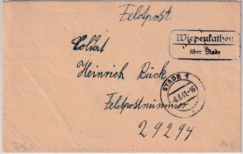 DR - Wiepenkathen ü. Stade Landpost-Ra2 Feldpostbrief a. Fp.Nr. 29294 1941