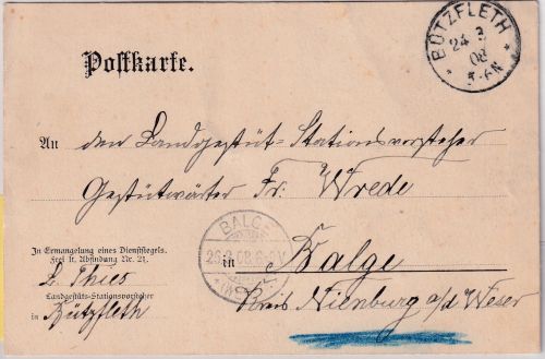 DR - Bützfleth 1908 K1 Dienstpostkarte/Frei lt. Ablösung Nr.21 n. Balge