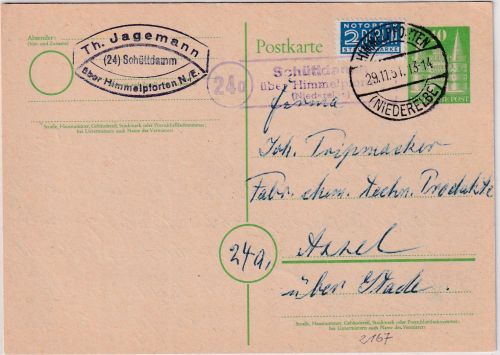 BRD - (24a) Schüttdamm ü. Himmelpforten (Niederelbe) Landpost-Ra2 Ganzsache 1951