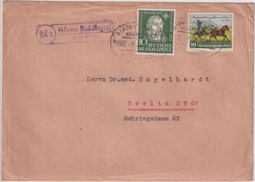 BRD - (24a) Hörne (Kehdingen) ü. Stade + Kraftpost Stade Itzwörden Brief 1952