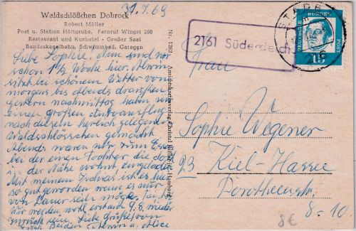 BRD - 2161 Süderdeich Poststelle I ra1 Karte Stade - Kiel 1963