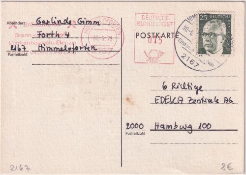 BRD - 25 Pfg. Heinemann + 15 Pfg. AFS Karte Himmelpforten - Hamburg 1978