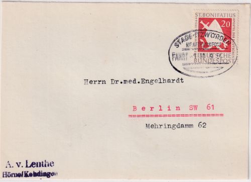 BRD - Kraftpost Stade Itzwörden Fahrt 1 Briefvorderseite n. Berlin 1954