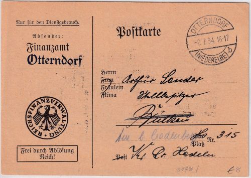 DR - Otterndorf (Niederelbe) 1934 Frei d. Ablösung Dienstpostkarte n. Bülken