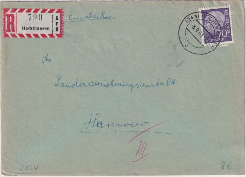 BRD - 70 Pfg. Heuss II Einschreibebrief Hechthausen - Hannover 1961