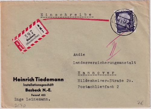 BRD - 70 Pfg. Heuss II Einschreibebrief Basbeck (Niederelbe) - Hannover 1961