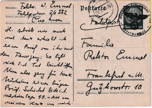 DR - 6 Pfg. Hindenburg GA/Feldpostkarte apt. Tagesstpl. Briefstpl. Fp.Nr. 26332