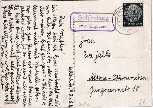 DR - Sahlenburg ü. Cuxhaven Landpost-Ra2 Karte n. Altona 1936