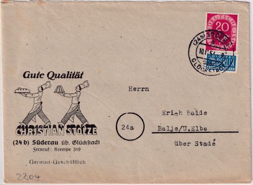 BRD - Süderau ü. Glückstadt Poststelle I illustr. Firmenbrief n. Balje 1954