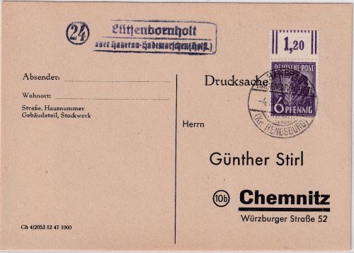 All.Bes. - (24) Lütjenbornholt ü. Hanerau-Hademarschen Landpost-L2 Karte 1948