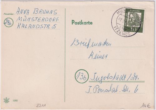 BRD - Münsterdorf ü. Itzehoe Poststelle I Karte n. Ingolstadt 1962