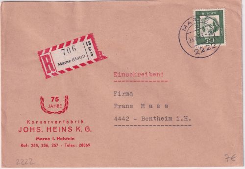 BRD - 70 Pfg. Bed. Deutsche Einschreibebrief Marne - Bentheim 1963