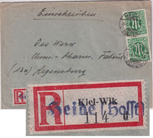 AM-Post - 2x42 Pfg. Einschreibebrief Heide (Holstein) - Regensburg 1946