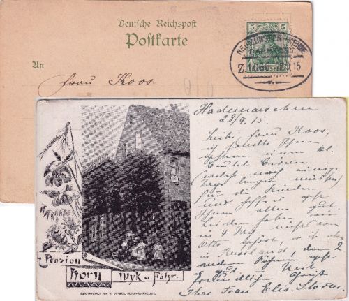 Schleswig-Holstein - Wyk a. Föhr Pesnion Horn sw-AK gelaufen 1915