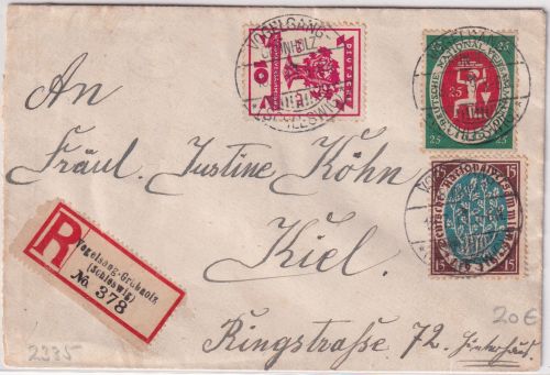 DR-Infla - 25 Pfg. Nationalvers. u.a. Einschreibebrief Vogelsang-Grünholz 1919