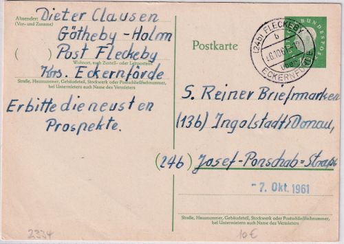 BRD - (24b) Fleckeby ü. Eckernförde Poststelle I Ganzsache n. Ingolstadt 1961