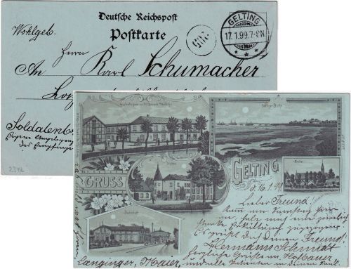 Schleswig-Holstein - Gelting Bahnhof Schloss etc. Mehrbild-Mondscheinlitho 1899