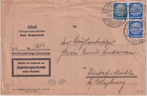 DR - 2x25+4 Pfg. Hindenburg Wz. Waaben Zustellurkunde Bad Bramstedt Kisdorf 1933