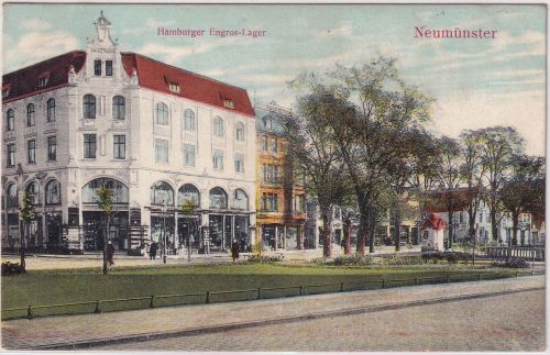 Schleswig-Holstein - Neumünster Hamburger Engros-Lager farb. AK gelaufen 1909