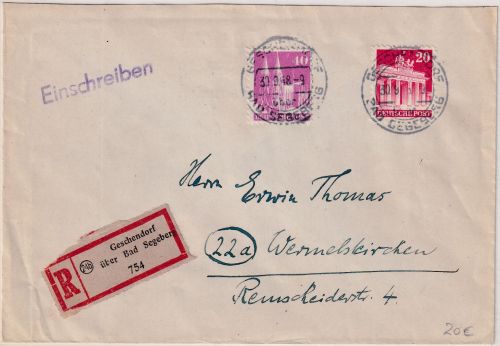 Bizone - 40+20 Pfg. Bauten Einschreibebrief Geschendorf ü. Bad Segeberg 1948