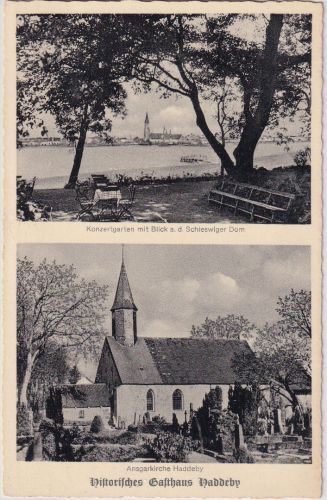 Schleswig-Holstein - Haddeby Ansgarkirche Wirtsgarten sw-Mehrbild-AK ca. 1940