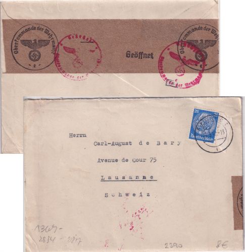 DR - 25 Pfg. Hindenburg Zensurbrief i.d. SCHWEIZ Flensburg - Lausanne 1942