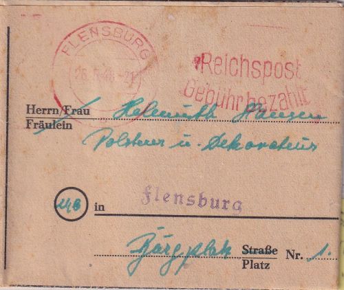 All.Bes. - Flensburg 26.5.48 "Reichspost Gebühr bezahlt" PFS Ortsbrief