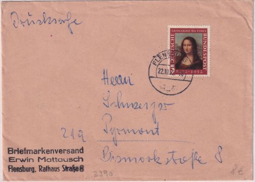 BRD - 5 Pfg. Mona Lisa Drucksache Flensburg - Pyrmont 1952 - apt. Tagesstempel