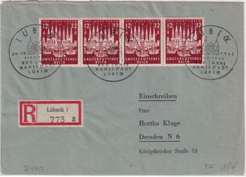 DR - 4x12 Pfg. 800 Jahre Hansestadt Einschreibebrief/FDC ESST Lübeck - Dresden